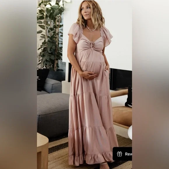 NWT Baltic Born Agatha Maxi Dress Dusty Mauve Tiered Ruffle Pockets L - Picture 2 of 13